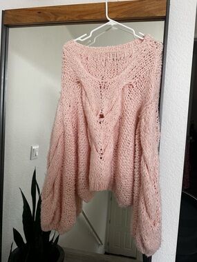 Rumored Nonna Pale Pink Chunky Open-Stitch Sweater